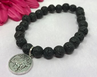 Taurus zodiac bracelet, Taurus horoscope, black lava rock, stretch bracelet, handmade, new