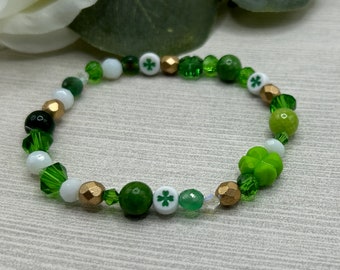 St Patricks Day bracelet, four leaf clover beads, green white and gold, handmade, new