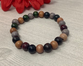 earth tones wood bracelet, stretch bracelet, 8mm beads, handmade, new