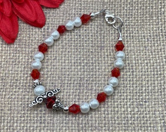 Christmas angel bracelet, angel bead bracelet, glass pearls, red and white, handmade, new