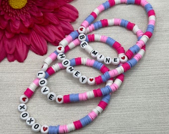 Valentines Day bracelet, pink purple white heishi beads, xoxo, be mine, honey, love, handmade, new