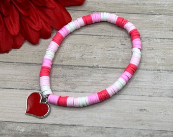 Valentines Day bracelet, beaded stretch bracelet, pink and white beads, heishi beads, heart charm, handmade, new