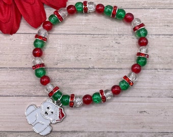 polar bear Christmas bracelet, beaded bracelet, red green clear beads, rhinestones, handmade, new