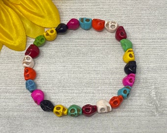 Rainbow Skull Bracelet, Colorful Howlite Bead Stretch Bracelet, 6x8mm beads