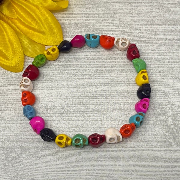skull bracelet, bright colors, rainbow bracelet, stretch bracelet, 6x8mm beads, handmade, new