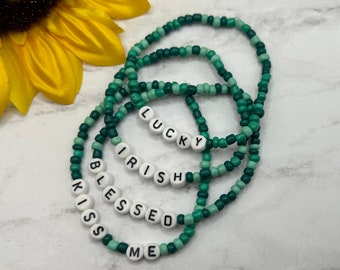 St Patricks Day bracelet, green seed beads, word bracelet, handmade, new