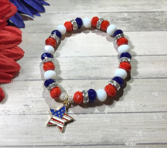patriotic bracelet, red, white, blue, rhinestones, star charm, stretch bracelet, handmade in USA