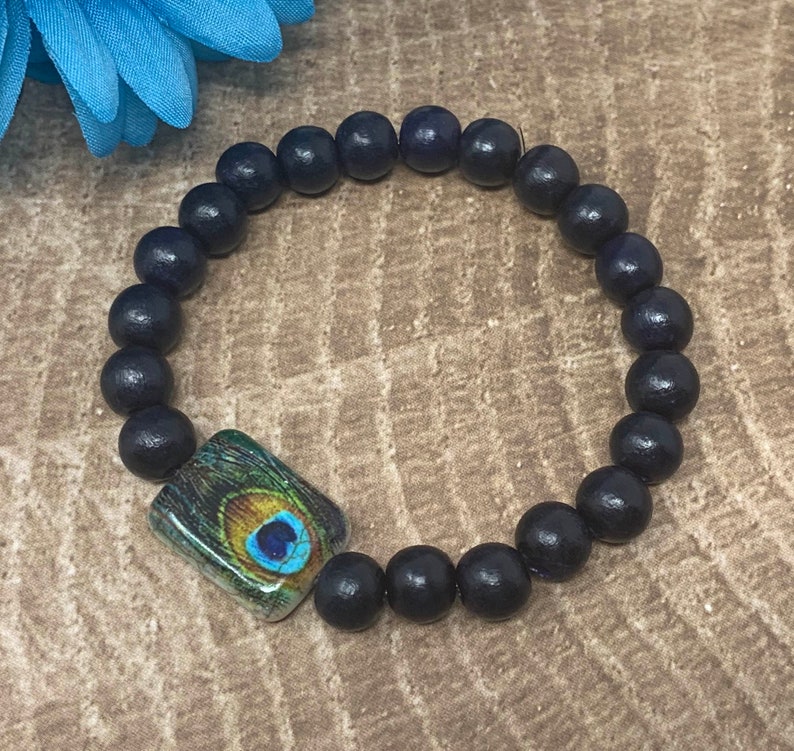 peacock beaded bracelet, glass and wood beads, stretch bracelet, handmade, new image 2