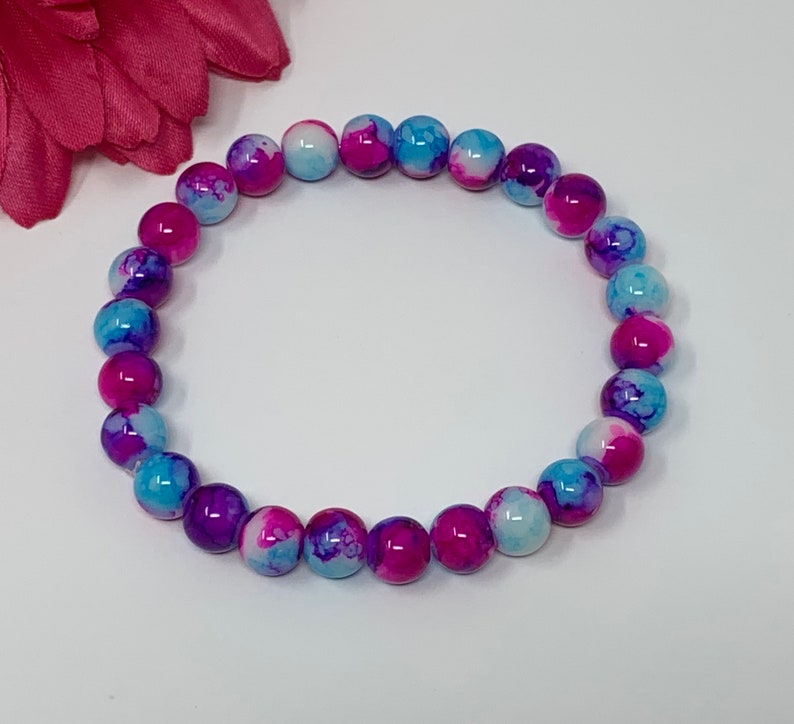 stretch bracelet, pink purple blue, glass beads, handmade, new image 3