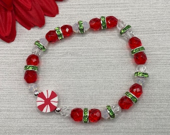 Christmas bracelet, peppermint bracelet, red and green, holiday jewelry, handmade, new