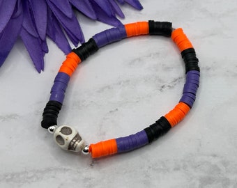 Halloween skull bracelet, orange purple black, heishi beads, howlite skull, handmade, new