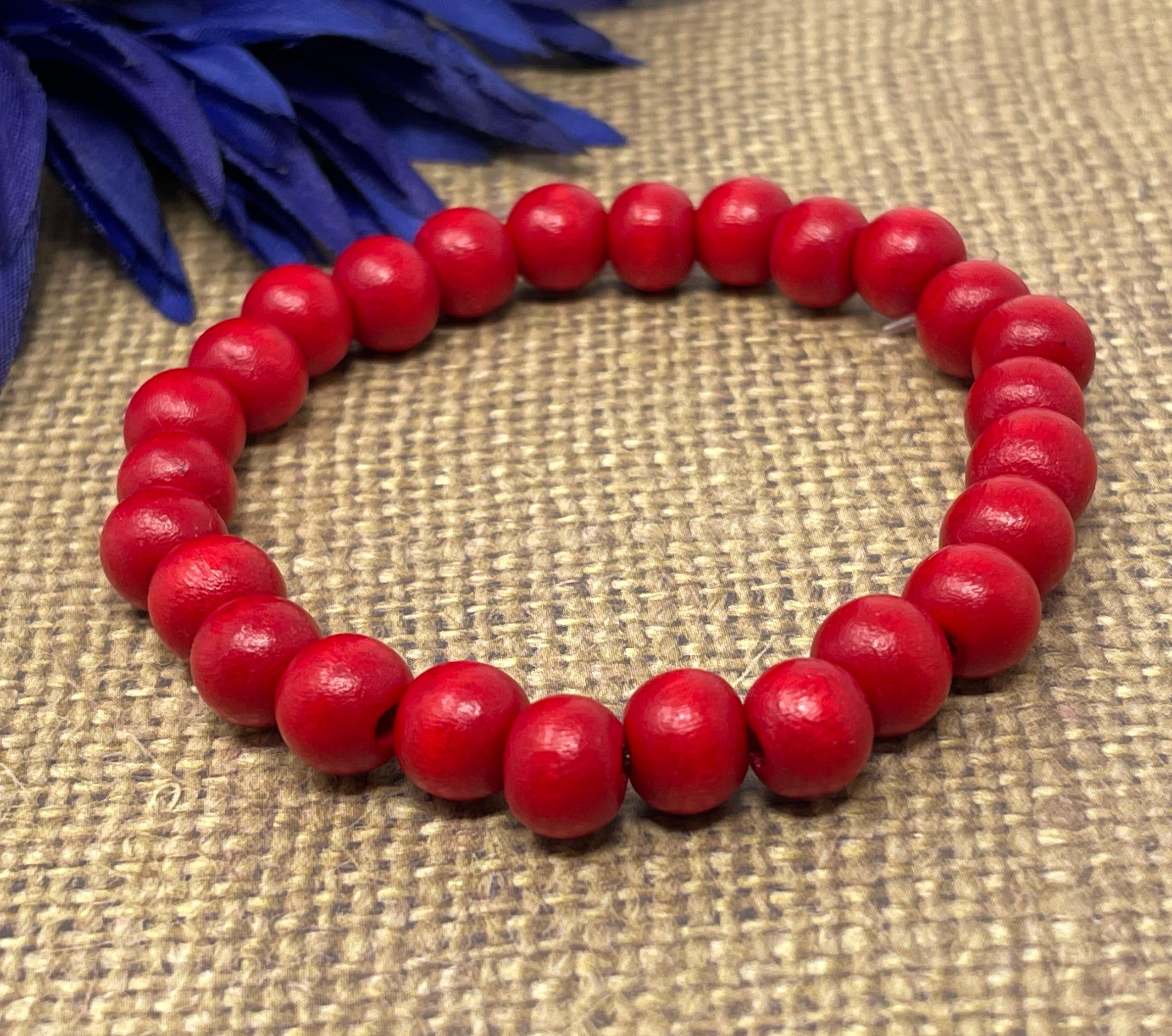 Red Wood Stretch Bracelet, 8mm Beads, Handmade, New