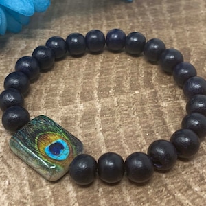 peacock beaded bracelet, glass and wood beads, stretch bracelet, handmade, new image 1