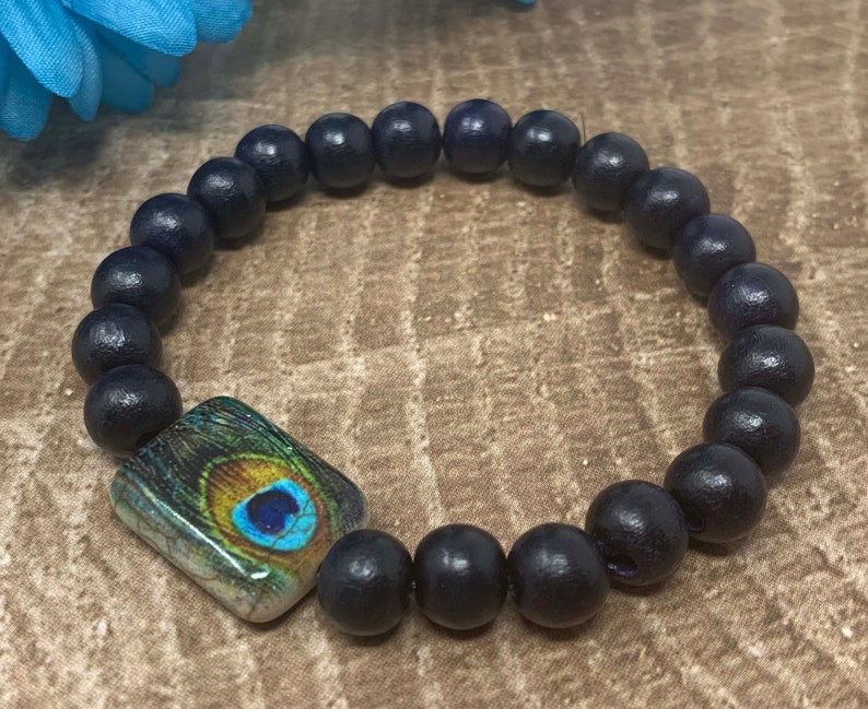 peacock beaded bracelet, glass and wood beads, stretch bracelet, handmade, new image 1