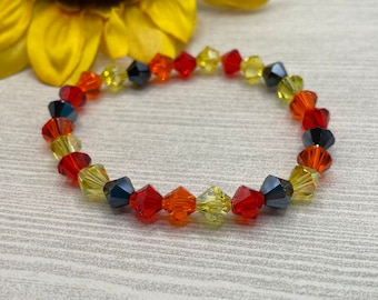 autumn crystal beaded bracelet, red black orange yellow, handmade, new