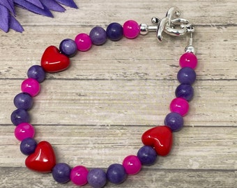 Valentines Day bracelet, red heart beads, pink and purple beads, holiday bracelet, handmade, new