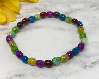 multi-color stretch bracelet, oval glass beads, marble pattern, handmade, new