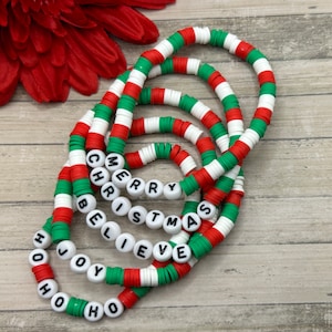 Christmas bracelet, heishi bead bracelet, red green white beads, letter beads, handmade, new