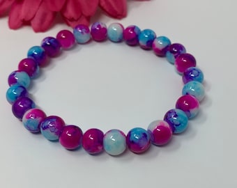stretch bracelet, pink purple blue, glass beads, handmade, new
