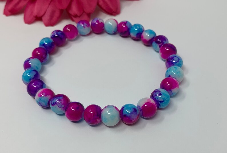 stretch bracelet, pink purple blue, glass beads, handmade, new image 1