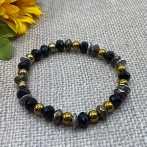 black gold and silver bracelet, acrylic, glass, silver plated beads, handmade, new