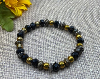 black gold and silver bracelet, acrylic, glass, silver plated beads, handmade, new