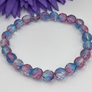 Pink and Blue Beaded Bracelet, Two Tone Beads, 8mm Faceted