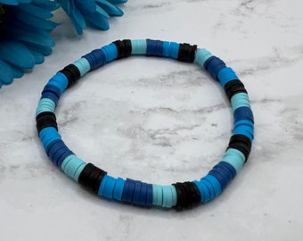 heishi beaded stretch bracelet, teal, blue, and black beads, handmade, new