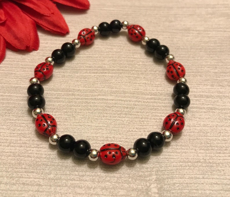new Czech glass beads red and black ladybug bracelet handmade