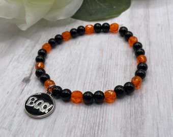 Halloween bracelet, Boo charm, orange acrylic and black jasper beads, handmade, new