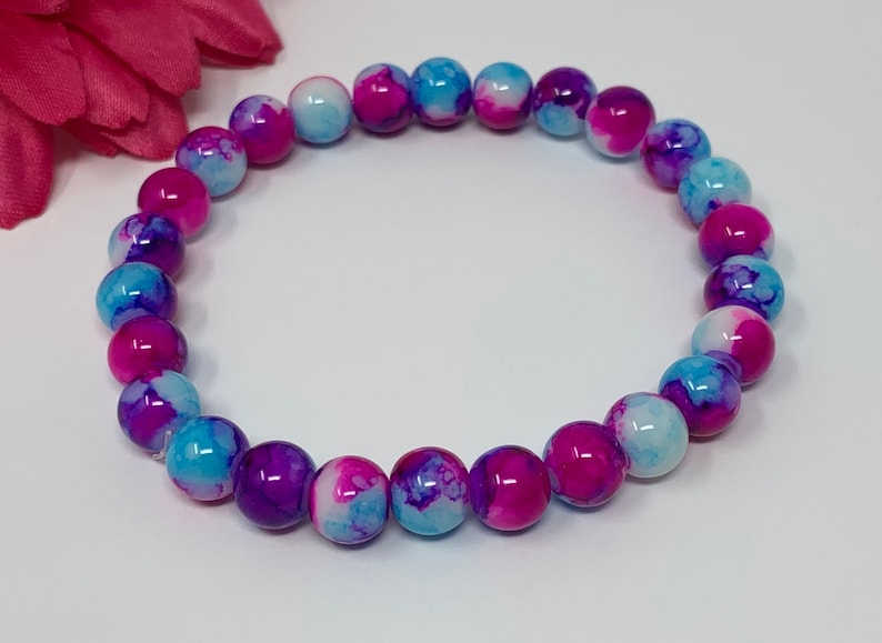 stretch bracelet, pink purple blue, glass beads, handmade, new image 2