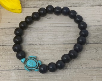 turtle bracelet, teal turtle, black wood beads, stretch bracelet, handmade, new