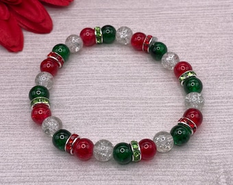 Christmas beaded bracelet, crackle glass beads, rhinestone beads, red and green, stretch bracelet, handmade, new