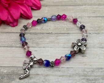 fairy bracelet, pink and purple, silver fairy charm, flower bead, handmade, new