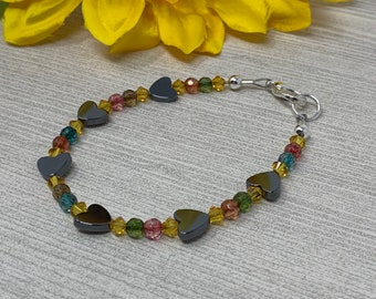 bracelet, hematite hearts, multi-colored glass beads, handmade, new