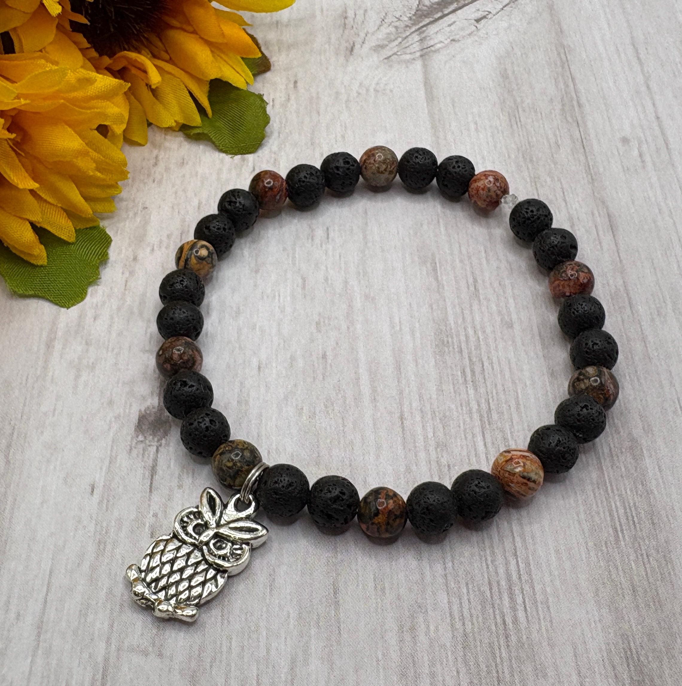 Owl Charm Bracelet, Lava Rock & Leopardskin Jasper, Handmade