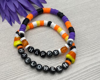 Happy Halloween bracelets, heishi beaded bracelets, clay beads, candy corn beads, handmade, new