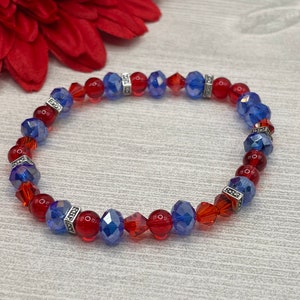 red and blue bracelet, glass beads, silver plated beads, handmade, new