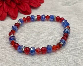 red and blue bracelet, glass beads, silver plated beads, handmade, new