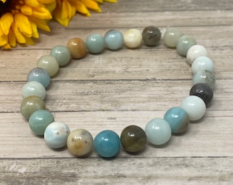 Handmade Amazonite Gemstone Bracelet, 8mm Bead Stretch Bracelet