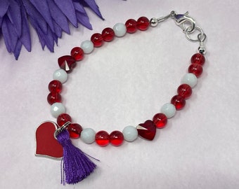 Valentines Day bracelet, red hearts, purple tassel, red and white beads, handmade, new