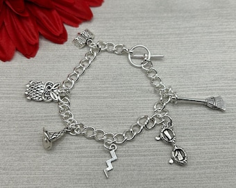 wizard charm bracelet, silver chain, wizard themed charms, handmade, new