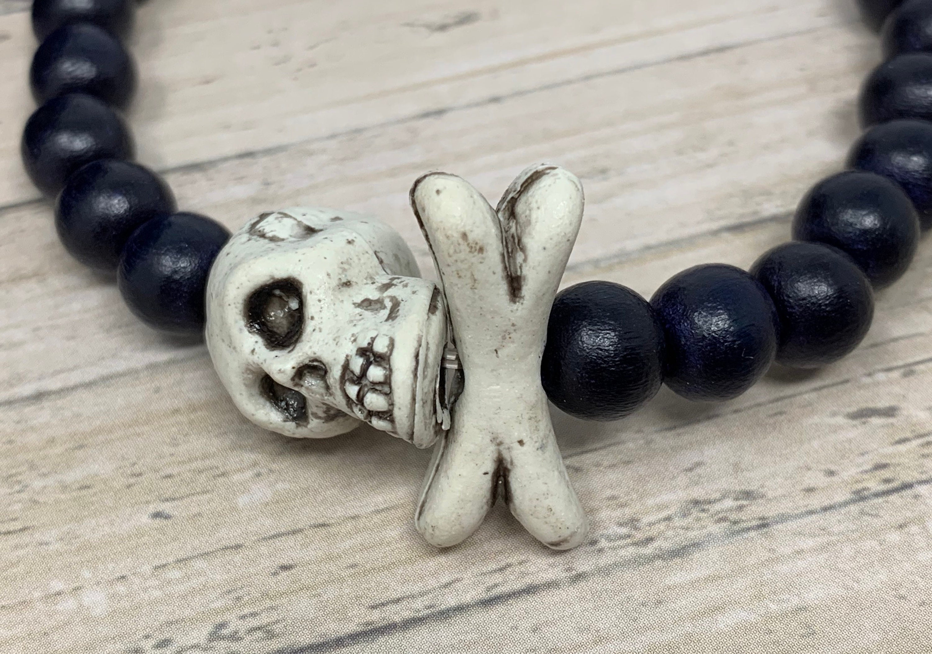 Skull and Crossbones Bracelet Acrylic Skull Black Wood Beads