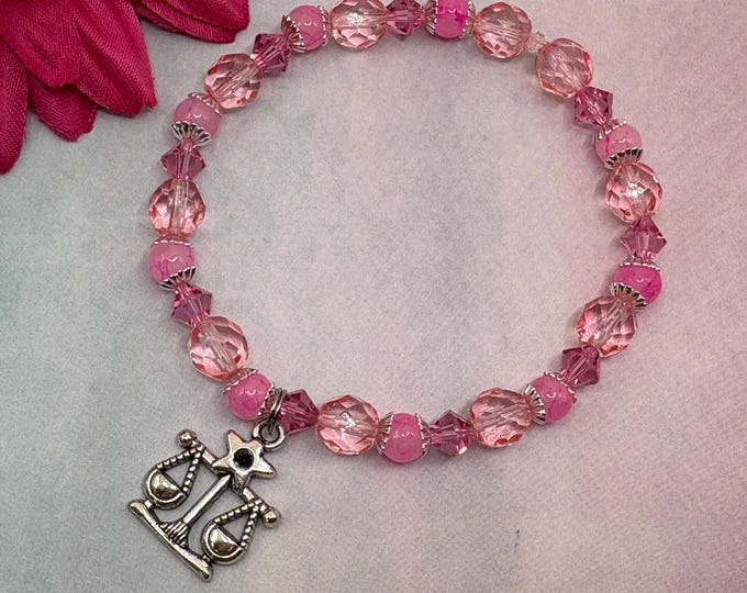 Libra zodiac beaded bracelet, pink beads, The Scales charm, handmade and new bracelet