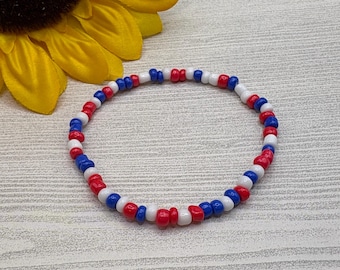 Patriotic Seed Bead Bracelet, Red White Blue, Handmade USA