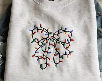 Embroidered Coquette Christmas Sweatshirt, Embroidered Christmas Bow Sweatshirt, Embroidery Bow Sweatshirt, Embroidery Christmas Bow
