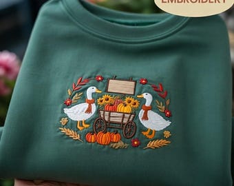 Cute Autumn Goose Embroidered Sweatshirt, Thanksgiving Fall Pullover, Harvest Season Sweater, Cozy Goose Pumpkin Outfit, Fall Gift