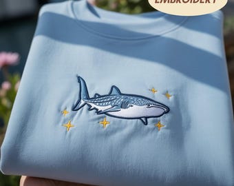 Whale Shark Embroidered Sweatshirt, Ocean Life Coastal Crewneck, Celestial Sea Animal Shirt, Gift for Shark Lover, Minimalist Marine Shirt