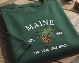 Maine Pine Tree Embroidered T-shirt, State Tree Tee, Botanical Embroidered Shirt, Nature Lover Gift, Floral Embroidery, Pine Cone Tee
