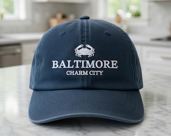 Baltimore Charm City Embroidered Hat, Maryland Blue Crab Baseball Cap, MD State Souvenir, Personalized East Coast Gift, Retro Style Cap